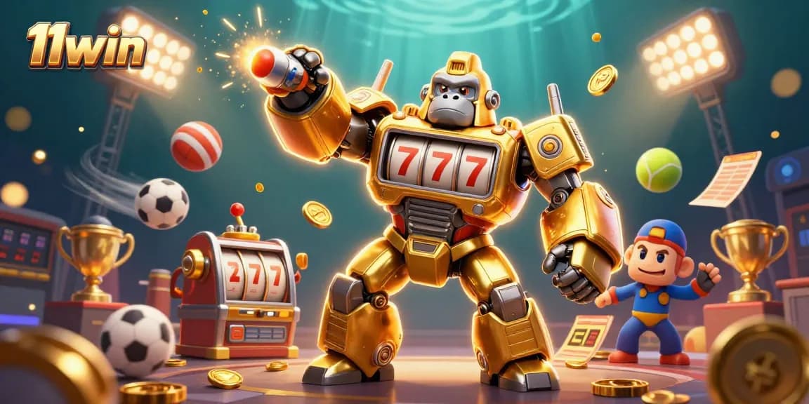 Engage with 11win's dynamic gaming universe featuring a golden gorilla mech with sports elements.