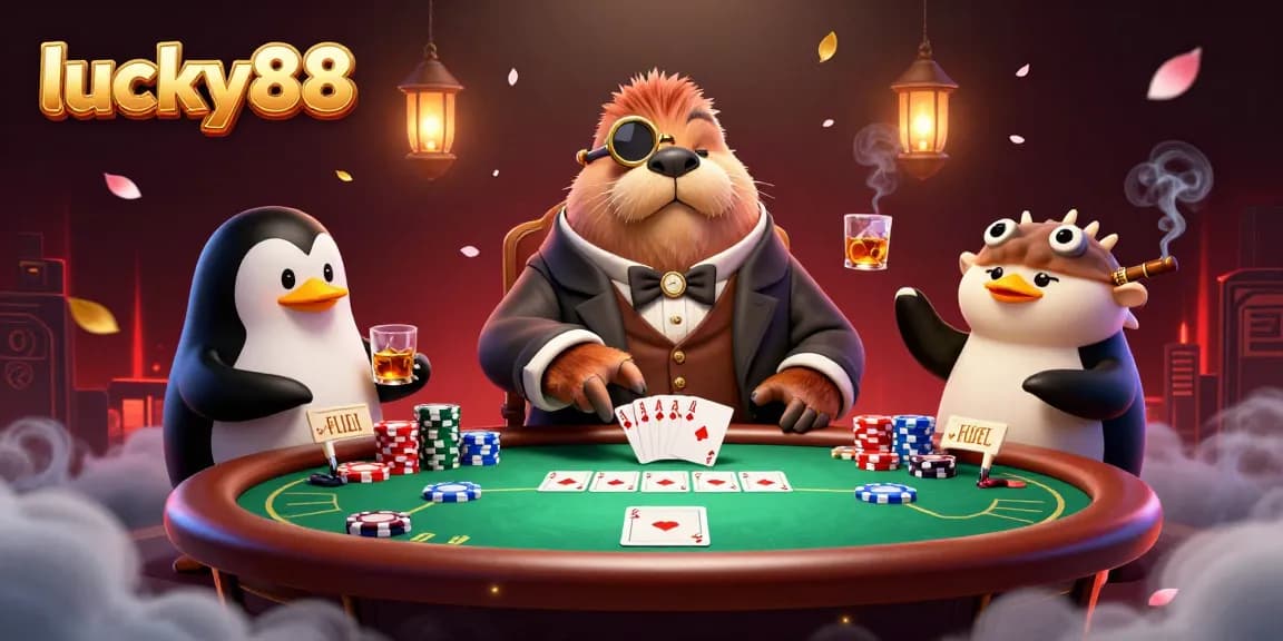 Engage in exciting poker action with lucky88's jolly walrus, sophisticated dealer, and a bluffing pufferfish.