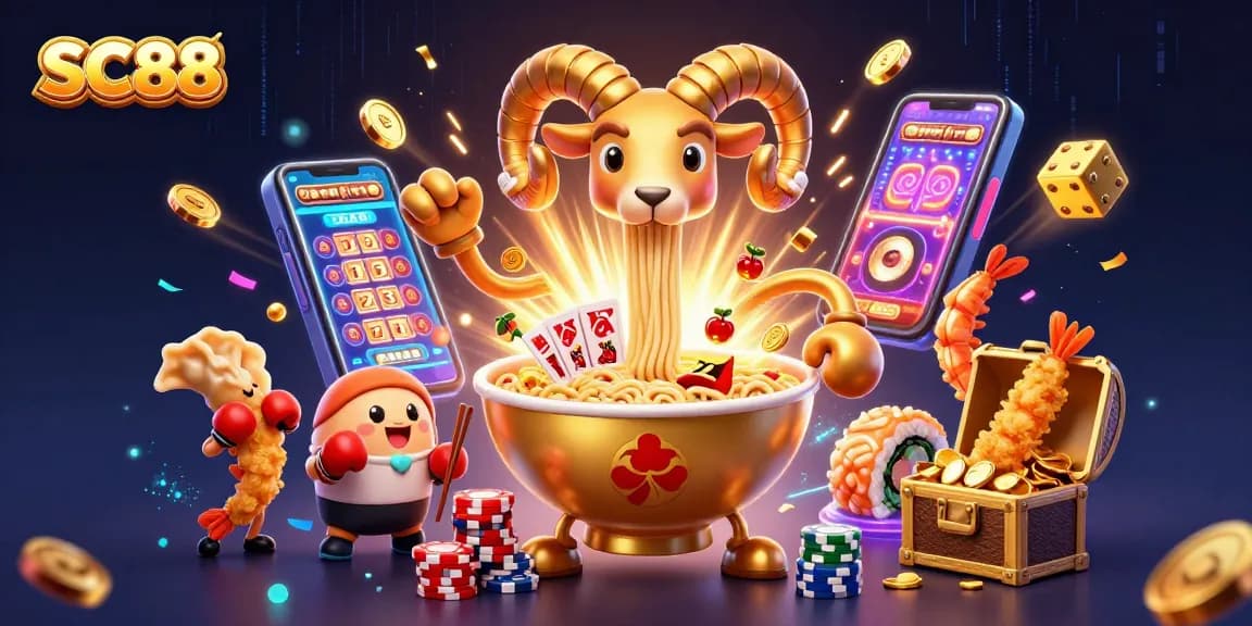 SC88's vibrant cartoon scene showcases a golden ramen bowl dealer, cards, chips, and exhilarating casino elements.
