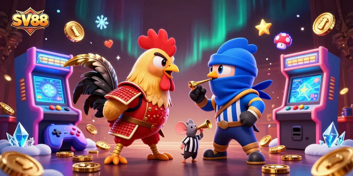 Engage with SV88 as twin cartoon roosters in an epic gambling showdown among arcade elements.