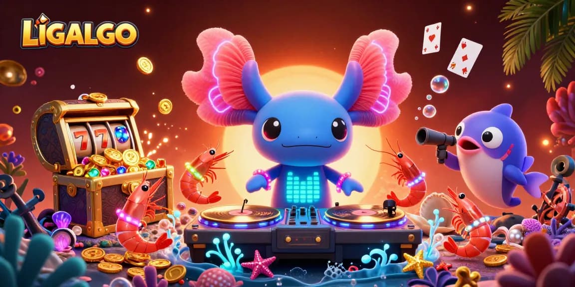 LIGALGO's vibrant underwater casino scene featuring an axolotl DJ, floating cards, and exploding treasure chests.