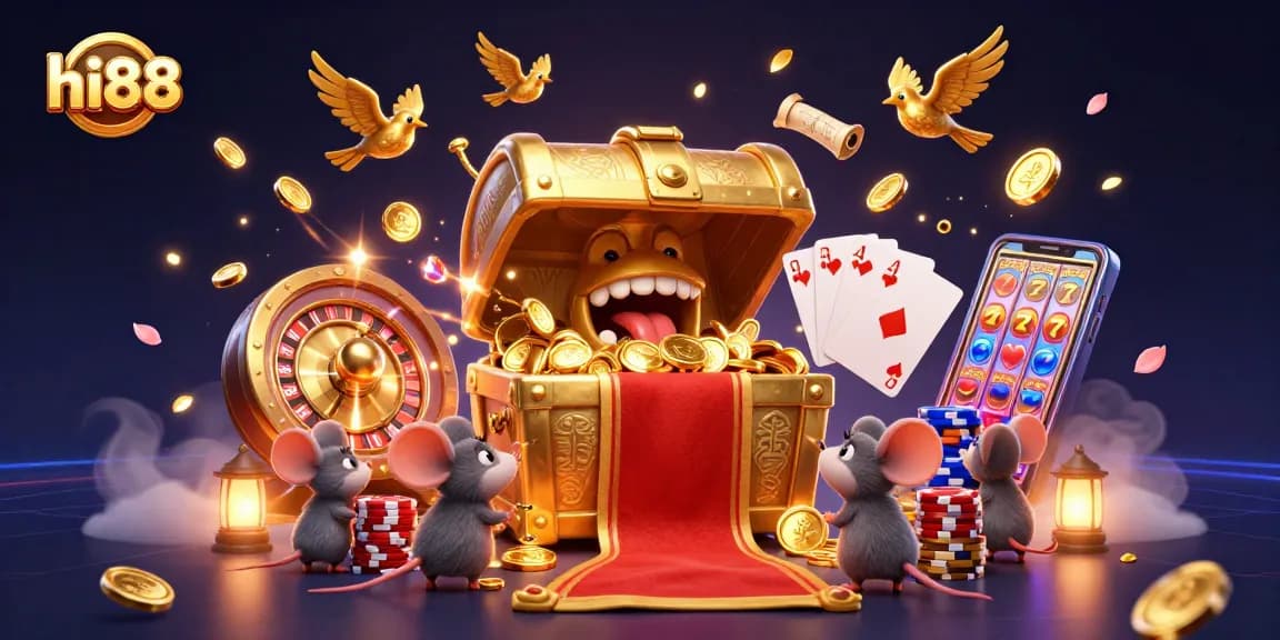 Experience the excitement at hi88 with a vibrant illustration of casino treasures and game elements.