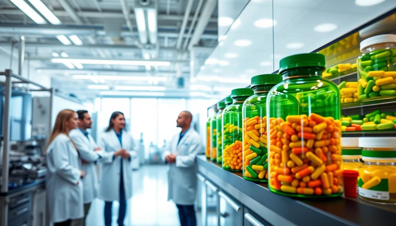 Professional supplement manufacturer team discussing formulations in modern lab setting.