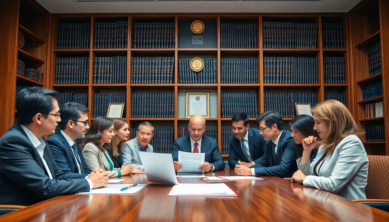 Find experienced lawyers near me collaborating in a professional office setting.