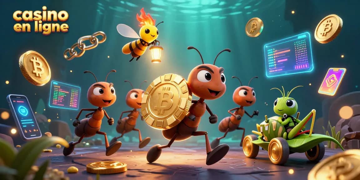 Les fourmis volent un jeton de poker en or dans un casino en ligne animé avec des éléments de crypto.