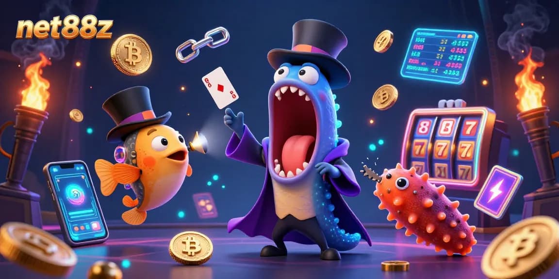 Experience the magic of net88z with a bioluminescent eel and anglerfish performing casino card tricks.