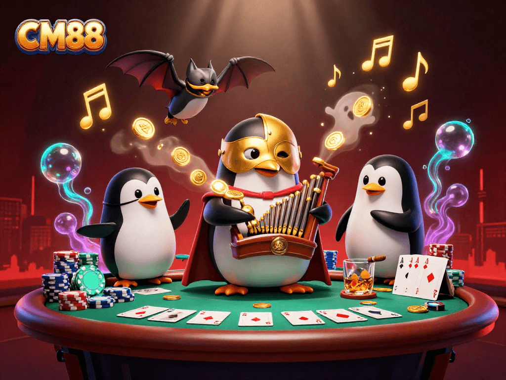 Experience thrilling gameplay with CM88 as the penguin plays his organ amidst casino excitement.