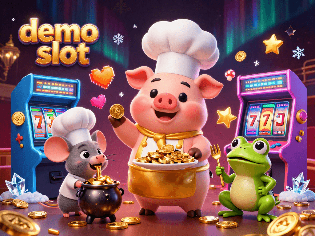 Permainan demo slot menampilkan karakter koki babi 3D dengan koin emas, tikus sous-chef, dan katak kritikus makanan.