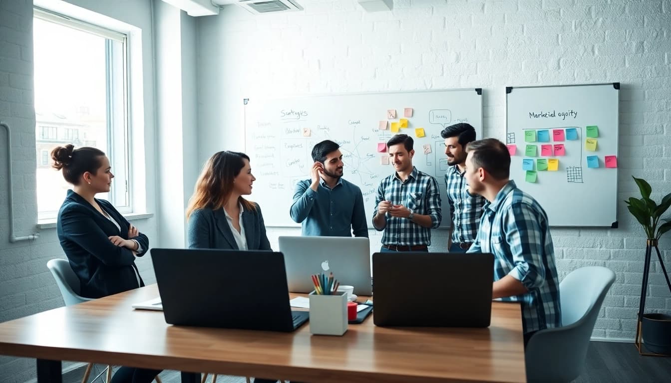 digital marketing heroes team collaborating in a vibrant office setting