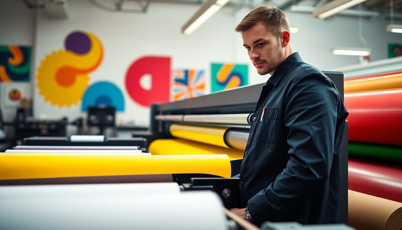Showcasing a skilled technician at a custom print shop Edmonton with vibrant printing materials.