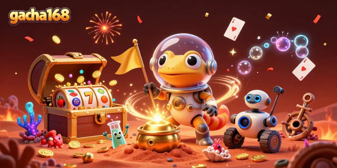 gacha168 gamers enjoy thrilling slot adventures with a Martian gecko at a cosmic casino