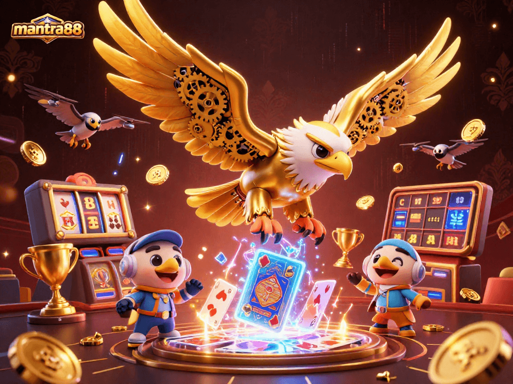 Play thrilling slots and games at mantra88, featuring an electrifying golden eagle and vibrant casino elements.
