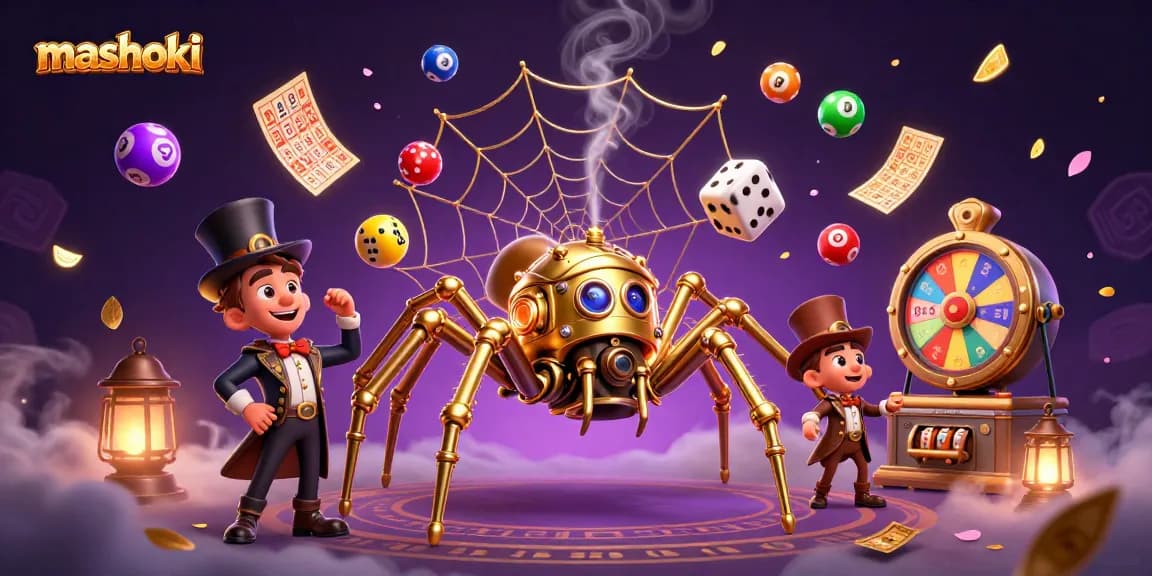Experience mashoki thrill with the steampunk spider webbing golden chains, surrounded by dynamic gambling elements.