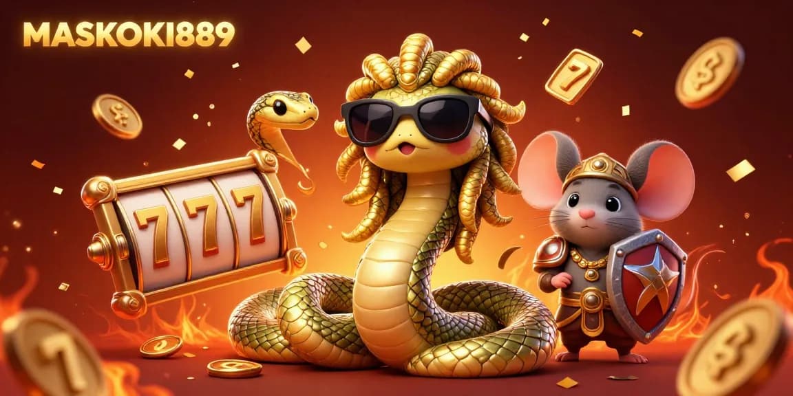 Play thrilling online games with MASKOKI889, featuring a lively Medusa and warrior mouse in a festive ambiance.