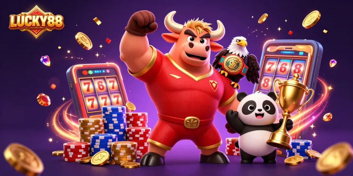 Join the celebration with LUCKY88 as the bull mascot, eagle, and panda present a winning casino scene.