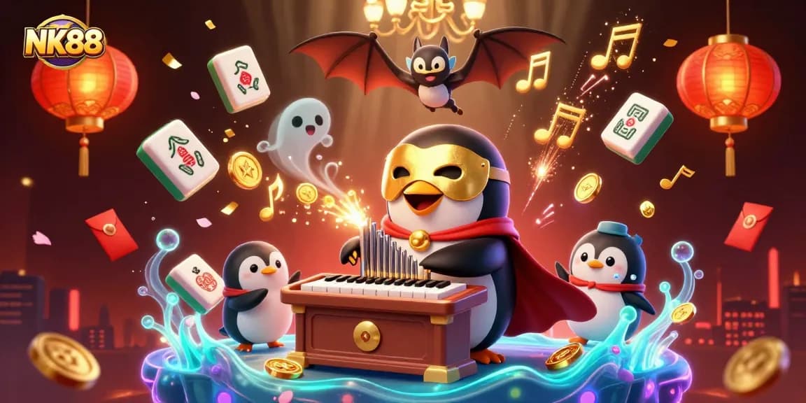 Experience thrilling wins at NK88 with a vibrant 3D casino scene featuring a penguin playing a golden pipe organ.