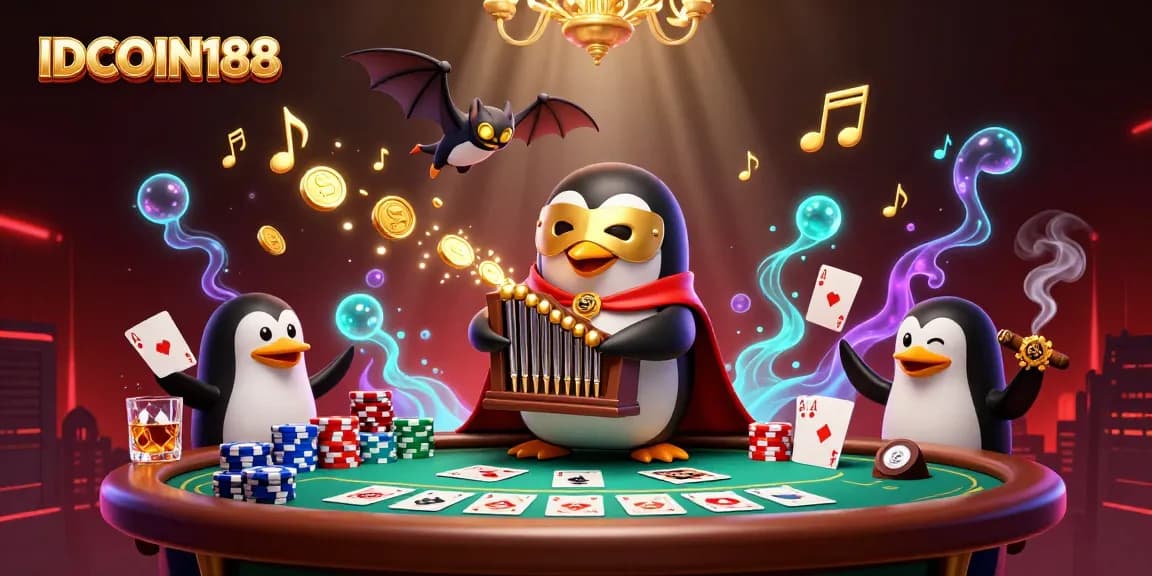 IDCOIN188 showcases a vivid scene of a penguin playing organ as coins fly, invoking casino excitement.