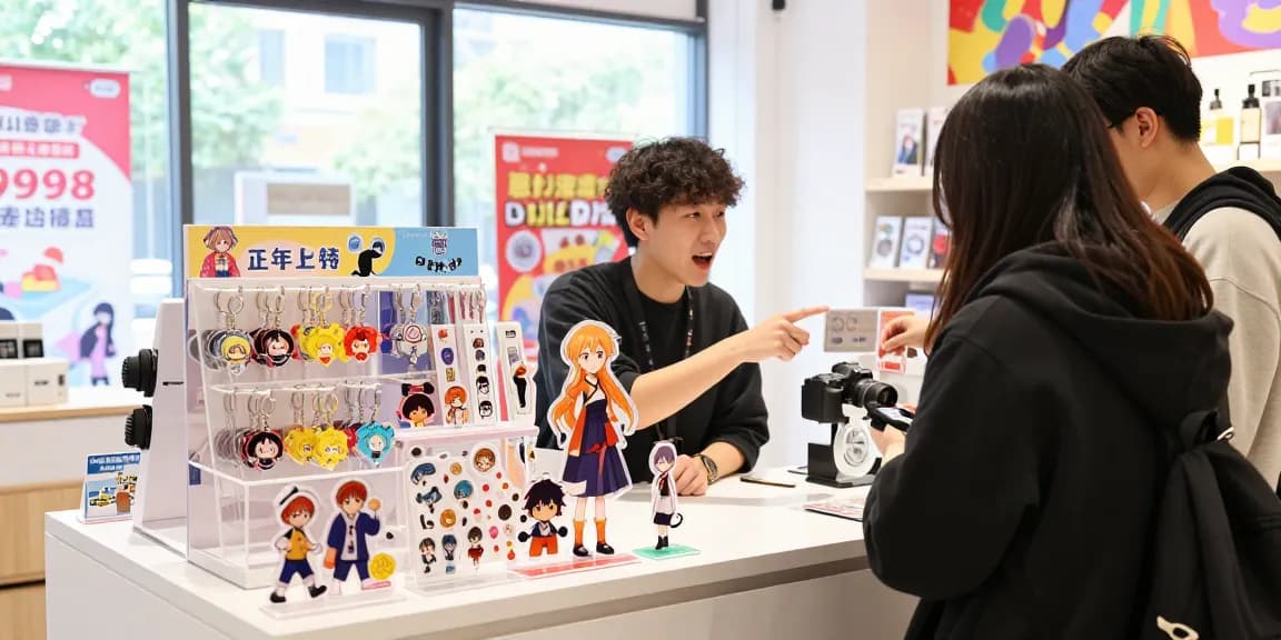 Custom acrylic standee showcased in a vibrant retail display, with a salesperson engaging a customer amidst colourful merchandise.