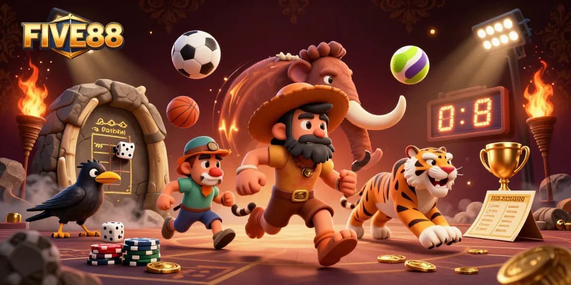 Engage with FIVE88 through this vibrant 3D illustration of a prehistoric casino, showcasing sports betting and dynamic game elements.
