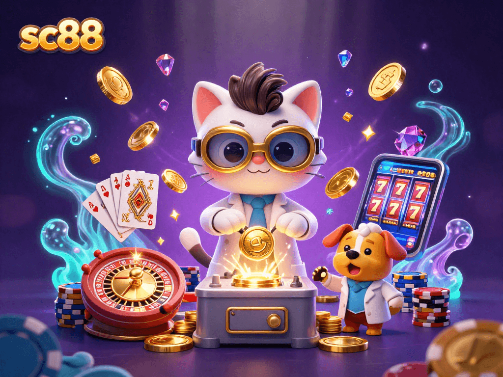 Play at sc88 with a thrilling 3D illustration featuring a mad scientist cat and loyal dog in a vibrant casino environment.