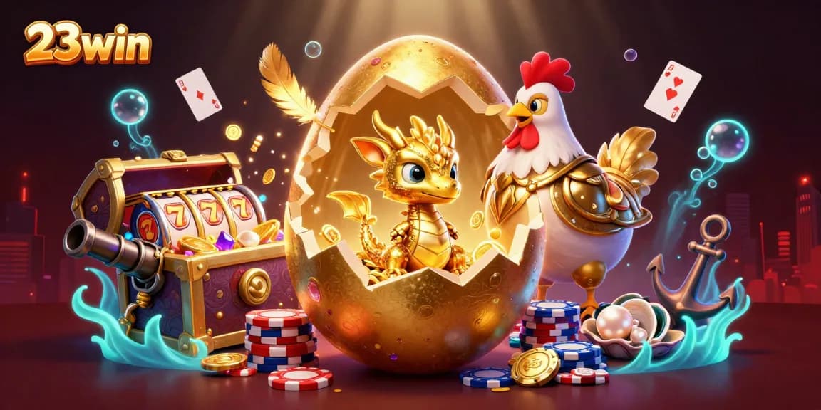 Immerse yourself in the excitement of 23win with a vibrant 3D illustration of a golden dragon and poker chips.