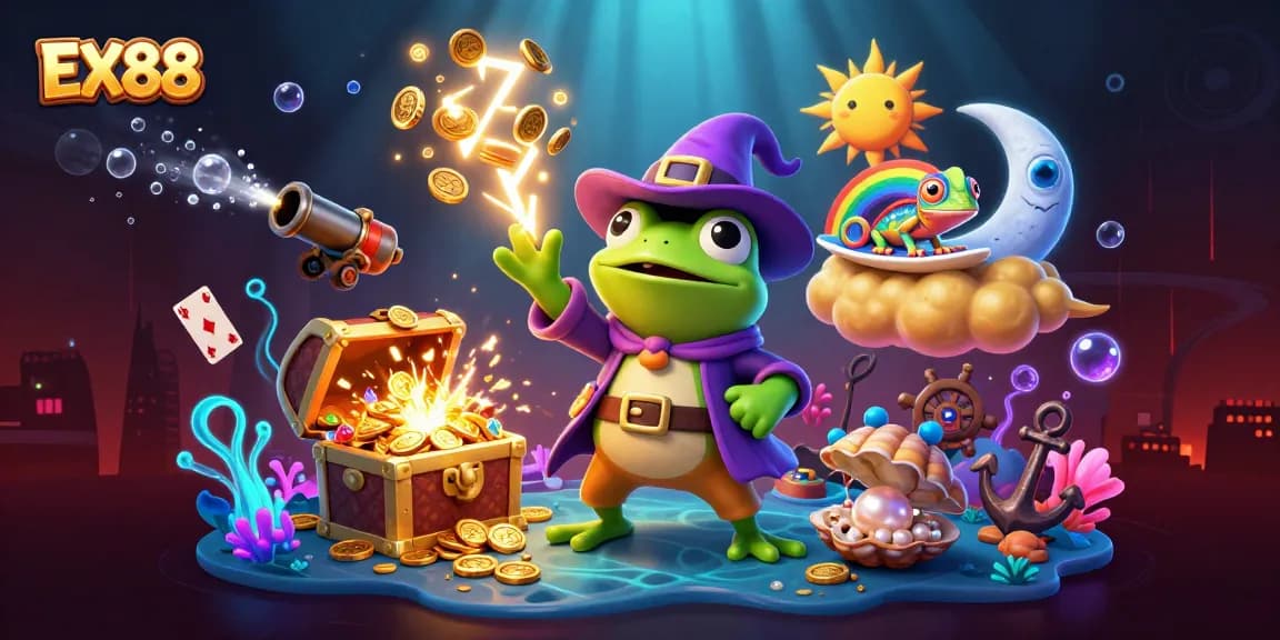 Experience winning gameplay with EX88 as a weather wizard frog conjures storms of gold coins amid vibrant casino elements