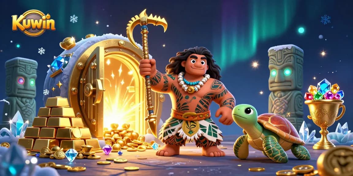 Kuwin players engage with vibrant gold treasures and animated characters in a casino scene.