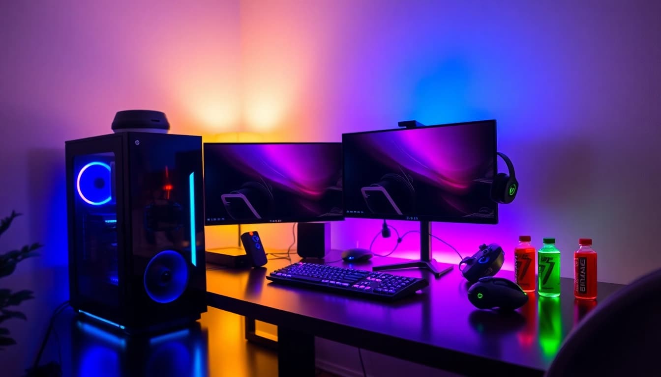 Engaging joker gaming setup showcasing dual monitors and RGB lighting for a vibrant gaming experience.