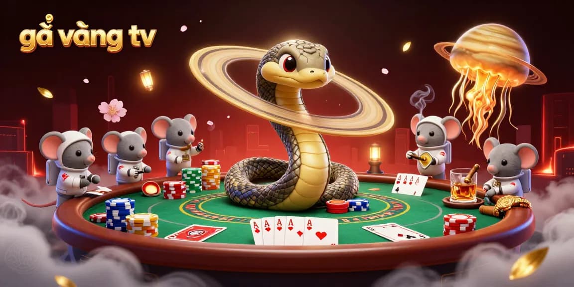 gà vàng tv showcases a thrilling cosmic casino scene with a Saturn snake and vibrant poker elements.