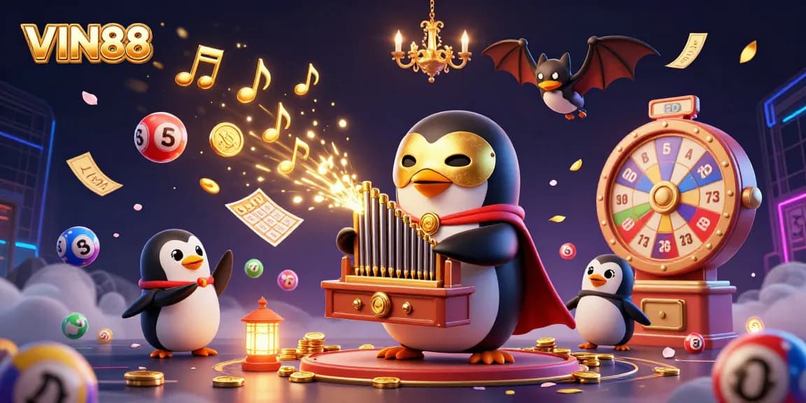 Engage with VIN88's vibrant casino world featuring animated penguins and dynamic game elements.