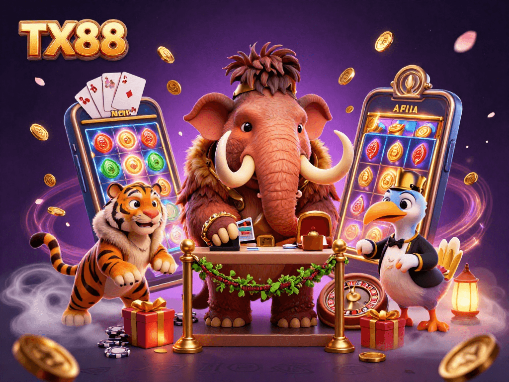 Experience excitement at TX88 casino with a 3D woolly mammoth bouncer and vibrant game elements.