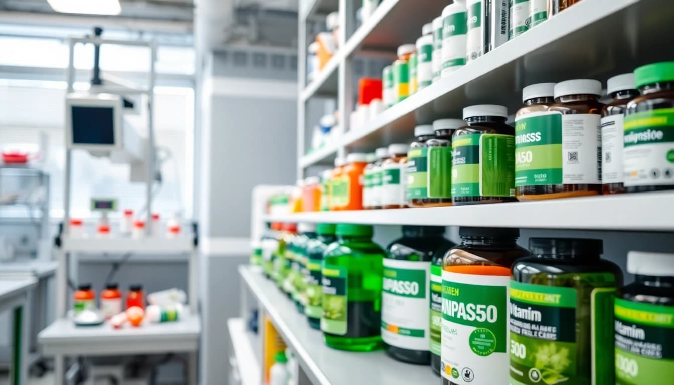 Showcase of a professional supplement manufacturer with high-quality vitamins in a laboratory setting.