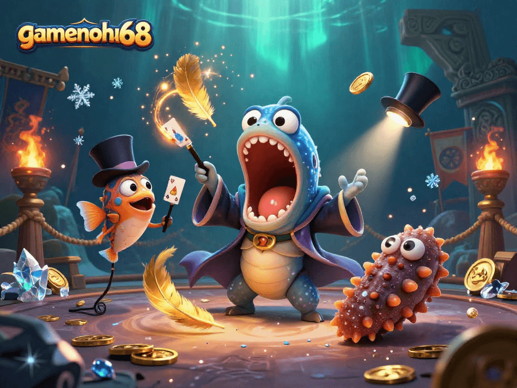Engage in magical wins with gamenohu68 through vibrant casino artwork featuring underwater characters.
