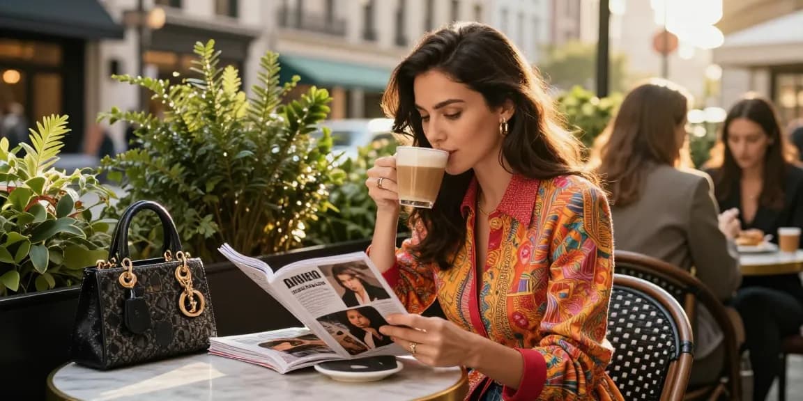 Glamorous scene featuring a well-known actress enjoying coffee, highlighting celebrity life stories and famous personalities profiled while immersed in urban café atmosphere.