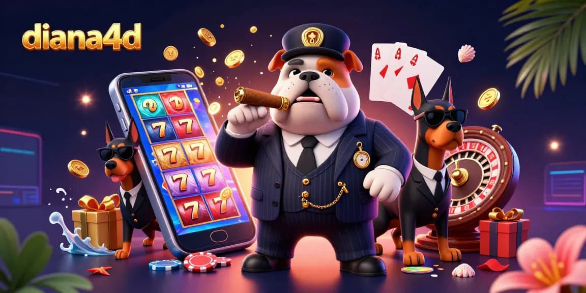 Engage in thrilling action with diana4d as the mafia boss bulldog leads two Doberman bodyguards surrounded by vibrant casino elements.