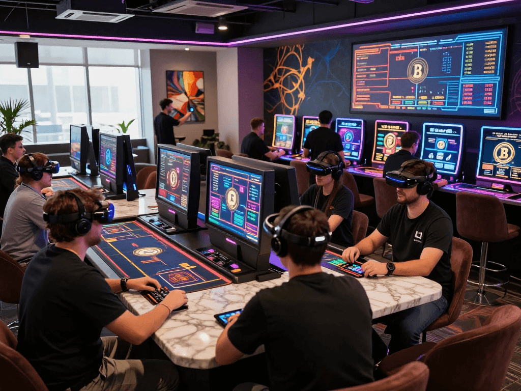 Players enjoying gaming at a vibrant crypto casino, showcasing digital terminals and neon lighting.