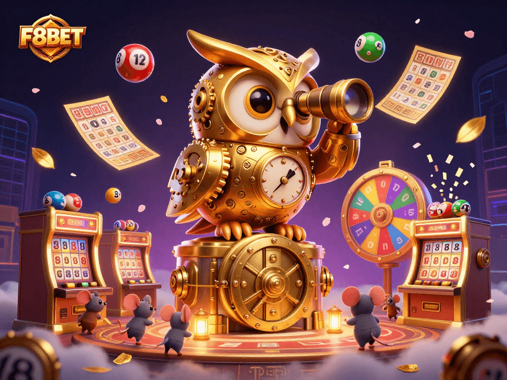Experience F8BET's thrilling casino ambiance with a clockwork owl and dynamic game elements.