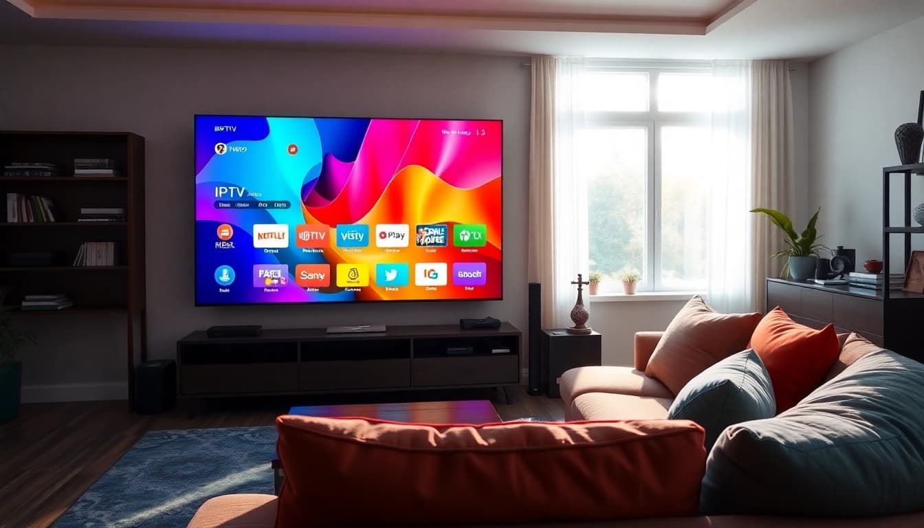 Experience free trial iptv in a cozy living room setup with modern decor and vibrant streaming interface.