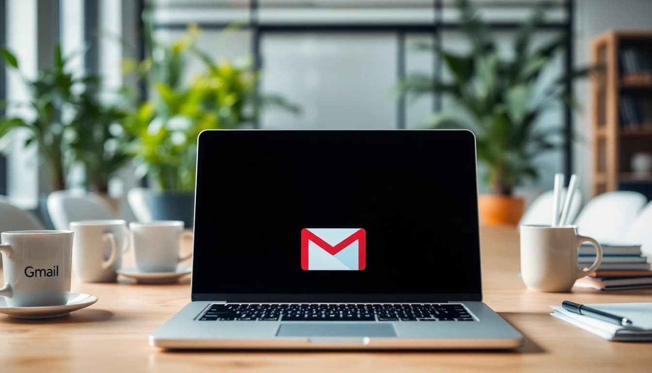 在现代办公环境中，展示gmail下载的工作区，强调其简洁功能和前景。