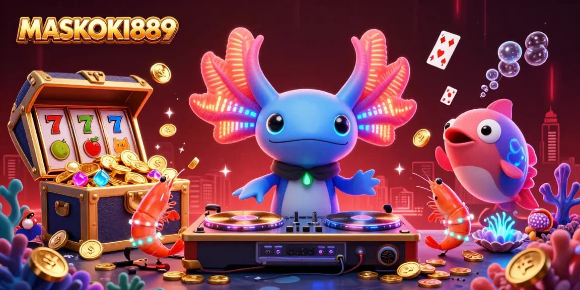 Experience the dynamic excitement of MASKOKI889's slot games in this vibrant underwater scene featuring a neon axolotl DJ.