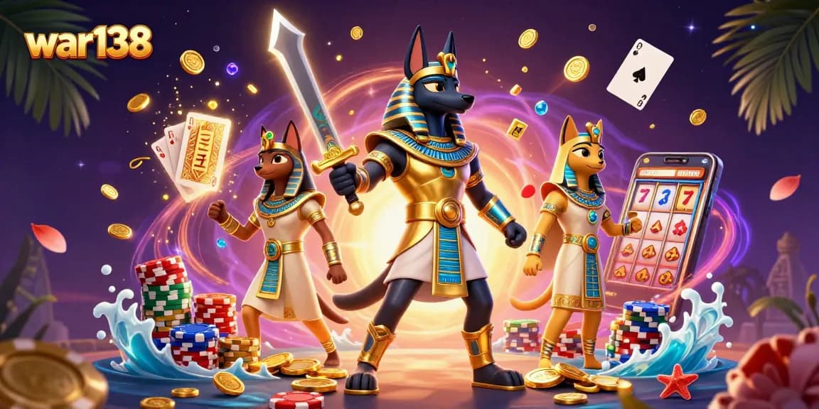 Experience the thrill of war138 with Anubis and Bastet in this vibrant casino scene.