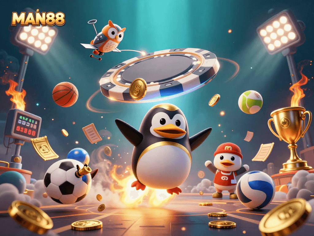 MAN88 players engaging in exciting sports betting and casino action with a vibrant casino-themed space scene.