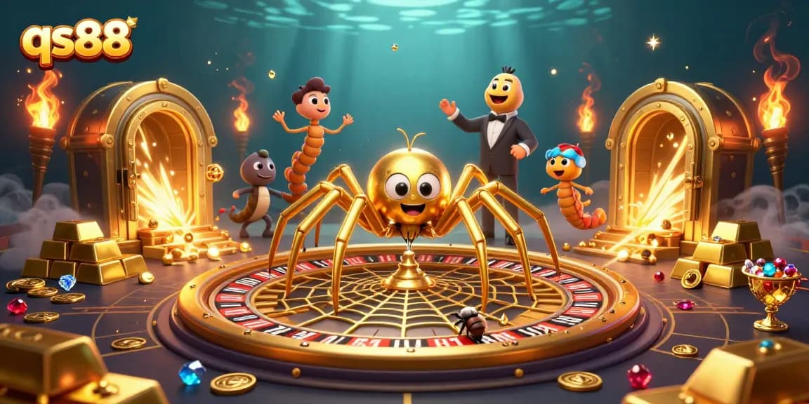 Experience excitement at qs88 with a golden spider and vibrant casino elements spinning a roulette scene.