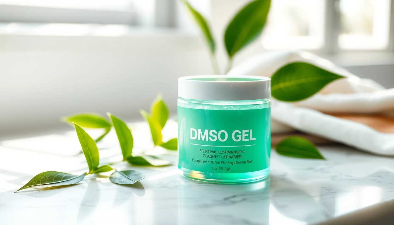 DMSO gel for humans container with natural elements, highlighting its therapeutic benefits.