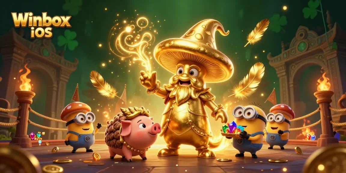 Winbox iOS offers engaging mobile gameplay with our golden wizard and treasures in a vibrant casino scene.