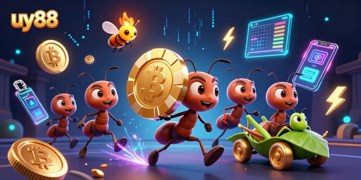 Watch the uy88 team of ants emulating a casino heist, surrounded by crypto coins and vibrant neon effects.