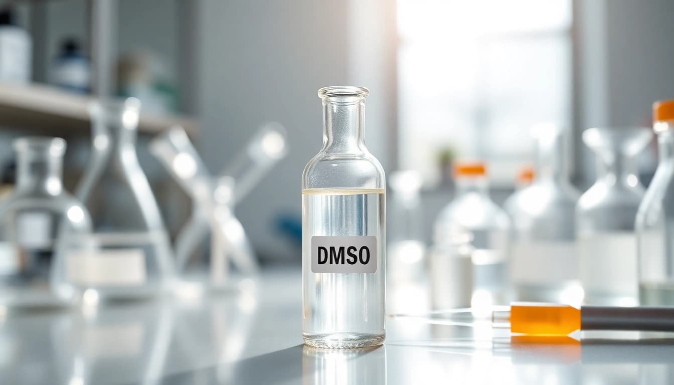 DMSO in a clear vial set in a professional laboratory environment with scientific tools.