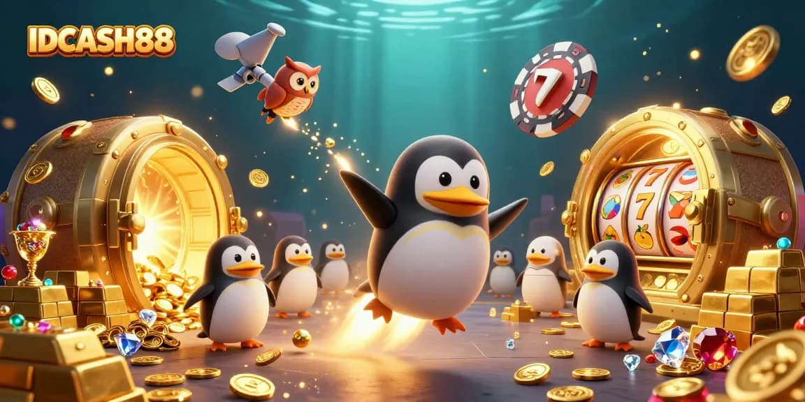 IDCASH88 players discovering exciting slot games amidst golden treasures in a dynamic casino scene.