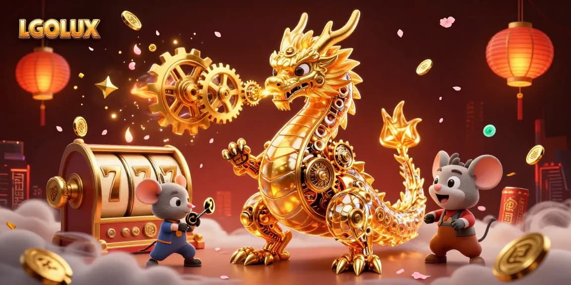 LGOLUX showcases a vibrant 3D scene of a golden dragon interacting with dynamic slot reels, symbolizing winning opportunities.