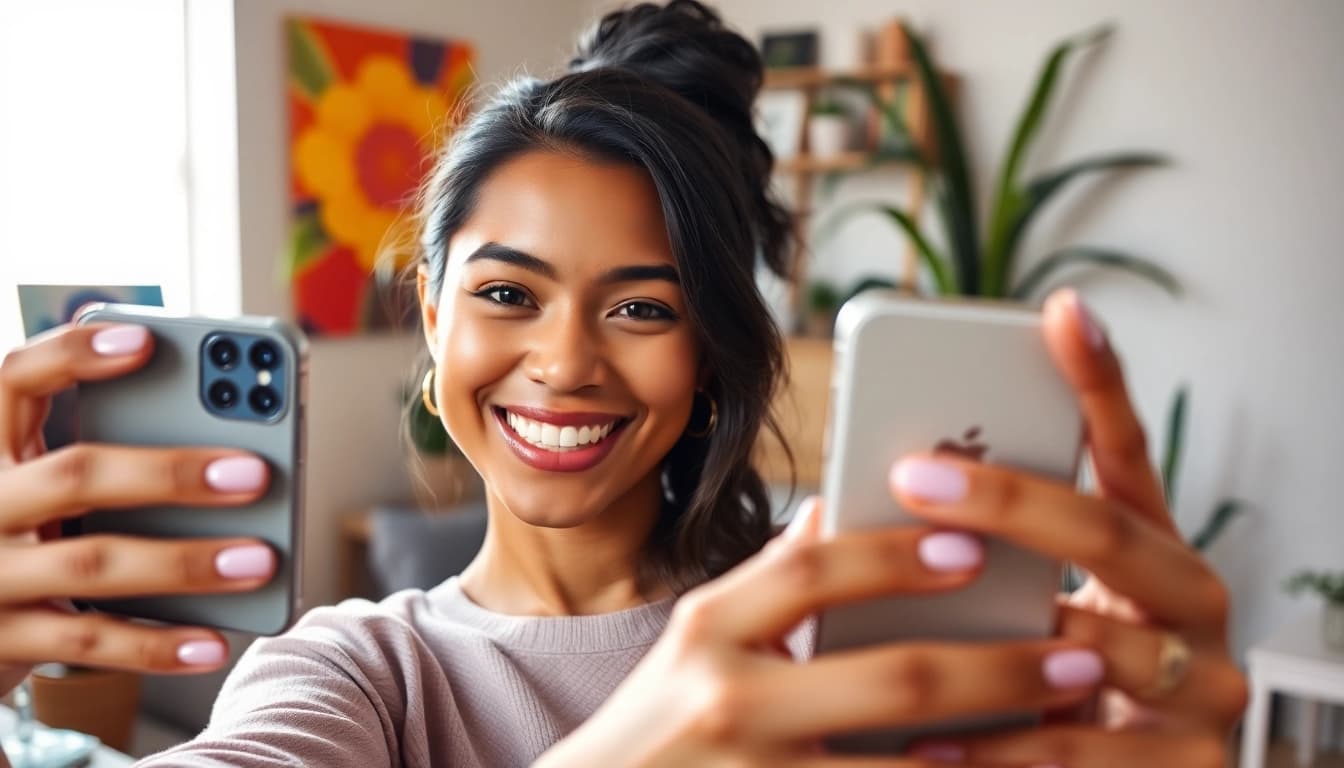 Person taking a selfie with a smartphone in a bright, welcoming studio.